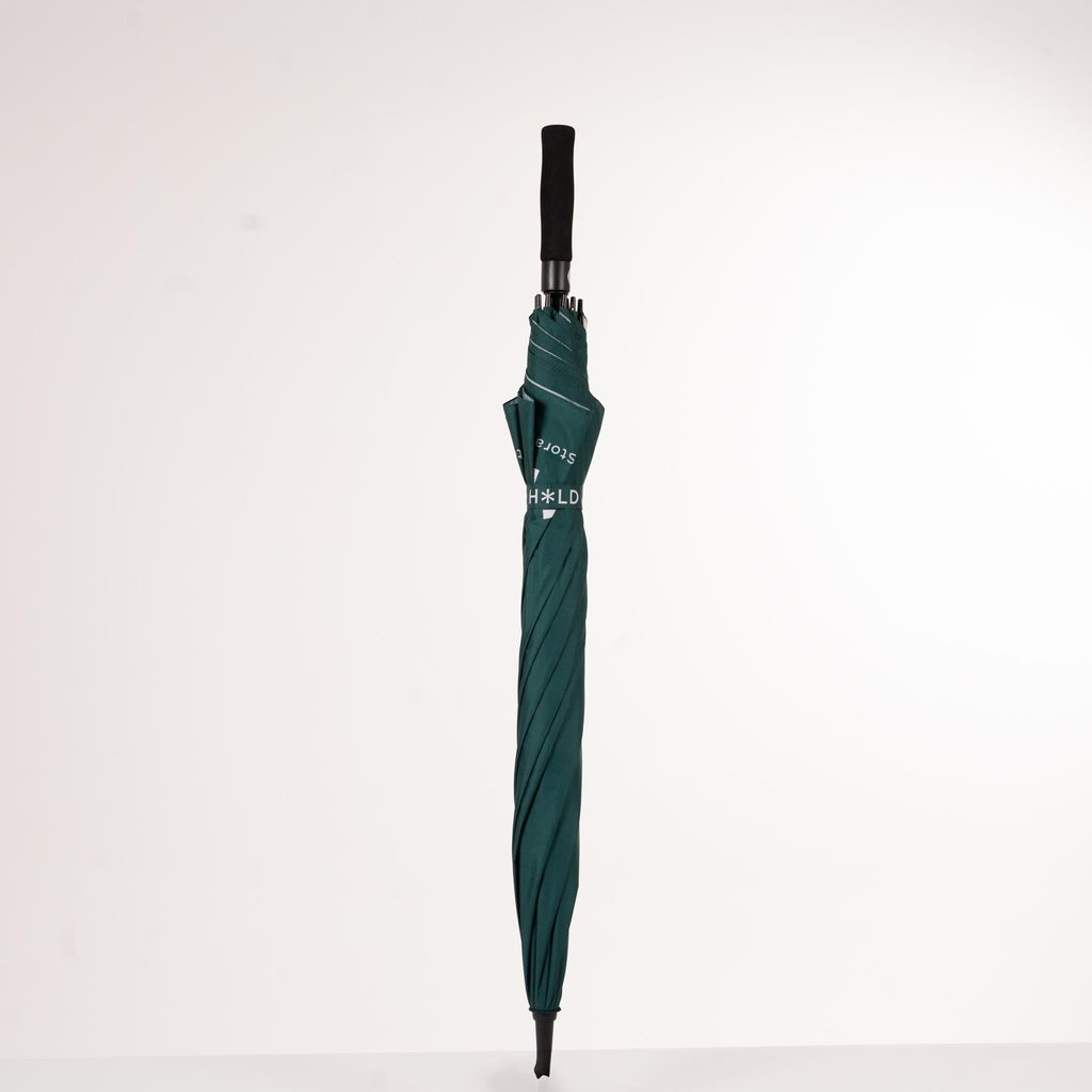 HOLD branded green umbrella closed